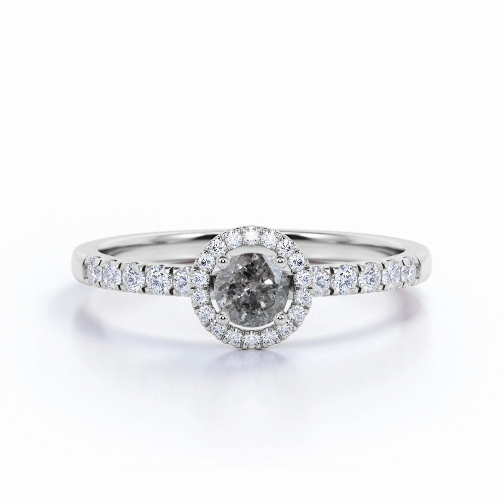 Refined Edge Pave Halo 0.65 Ct Round Salt and Pepper Diamond Engagement Ring