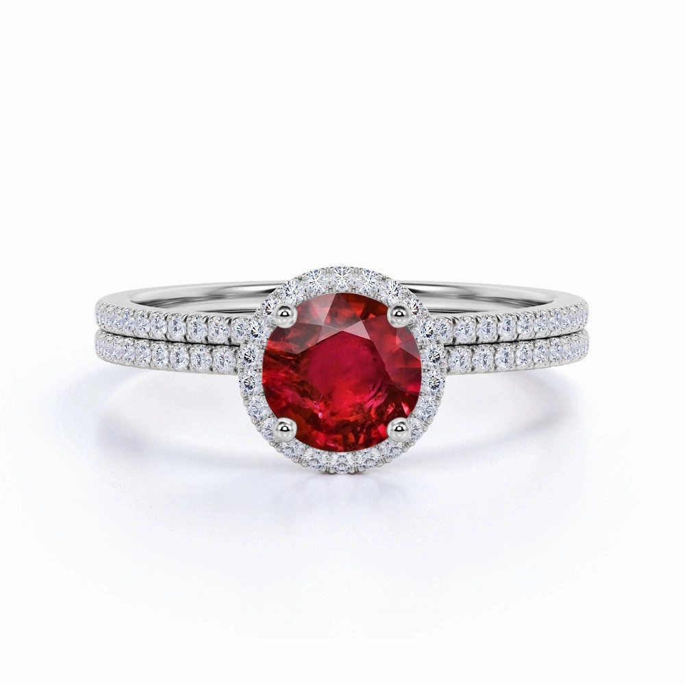 Micro Pave 1.50 ct Round Lab-Created Ruby Halo Bridal Set Traditional Accessory