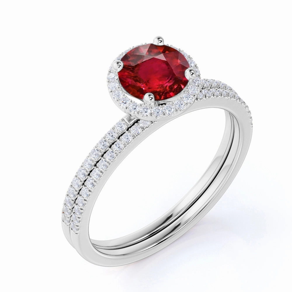 Micro Pave 1.50 ct Round Lab-Created Ruby Halo Bridal Set Romantic Piece