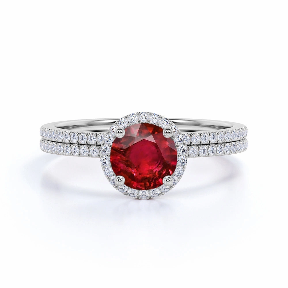 Micro Pave 1.50 ct Round Lab-Created Ruby Halo Bridal Set Luxury Work Ornate Emblem