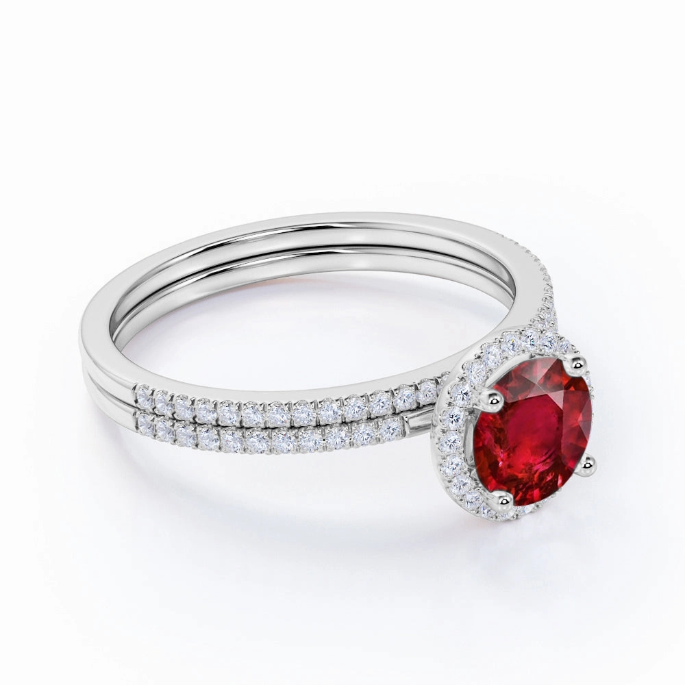 Micro Pave 1.50 ct Round Lab-Created Ruby Halo Bridal Set Artisan Vibe