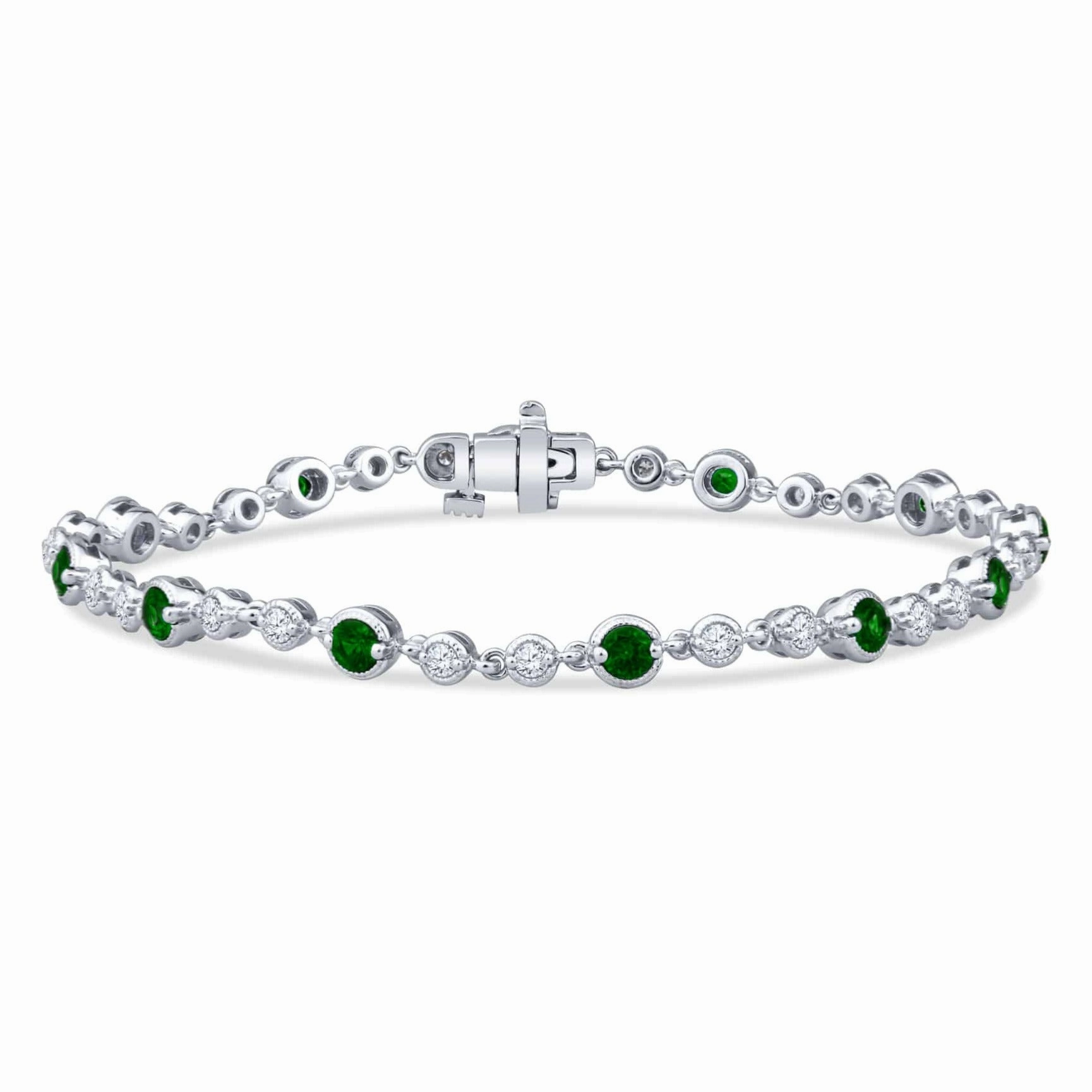 Vintage Style Milgrain Alternating Round Bezel Set Emerald and Diamonds Bracelet Soft Match