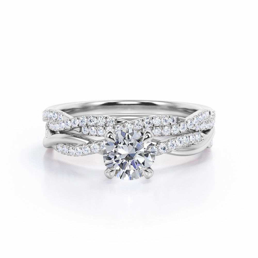 Layer Friendly Twisted 1.5 Carat Round Cut Moissanite Wedding Ring Set