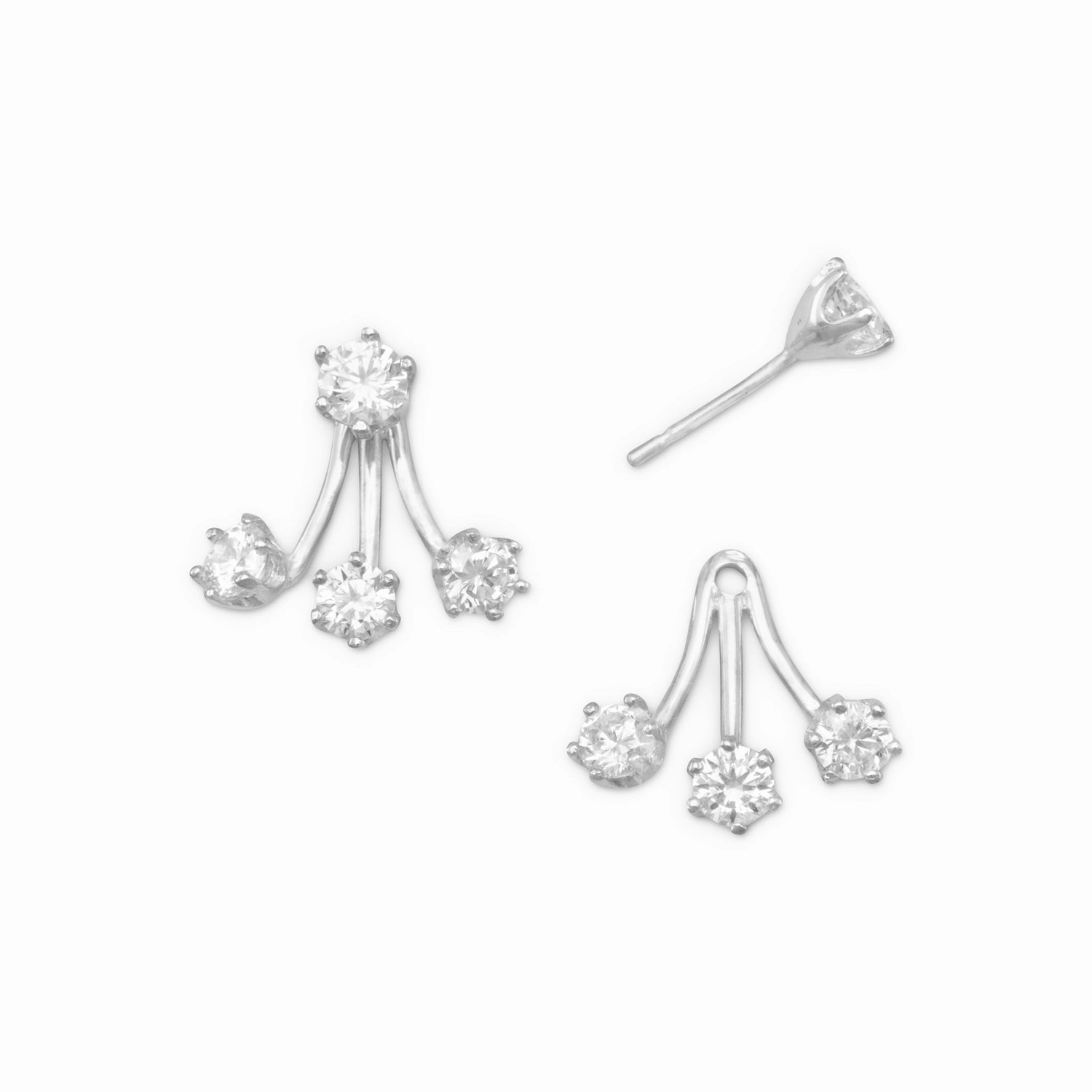 Safe Feature Removable 3-stone Drop Stud Earrings Sterling Silver and Cubic Zirconia