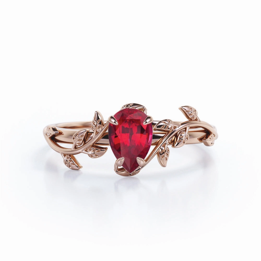 Delightful Gift Affordable Piece Vintage Vine 1 ct Pear Lab-Created Ruby Engagement Ring