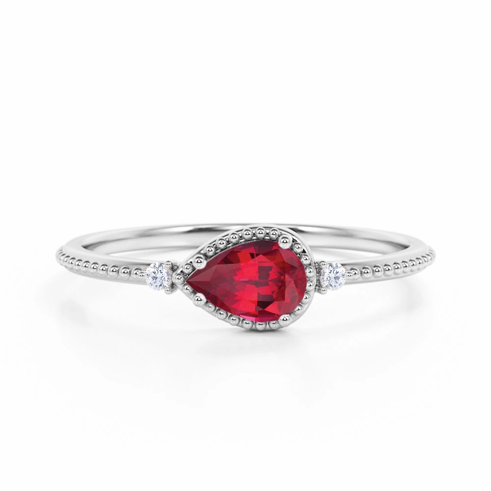 high-end design 1.10 ct Pear Lab-Created Ruby 3-Stone Bezel Engagement Ring