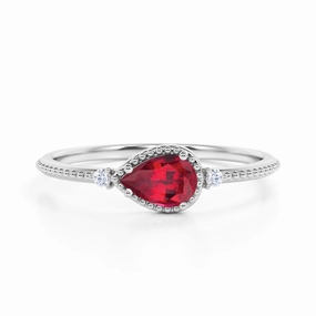 Alkali resistant Solar powered 1.10 ct Pear Lab-Created Ruby 3-Stone Bezel Engagement Ring