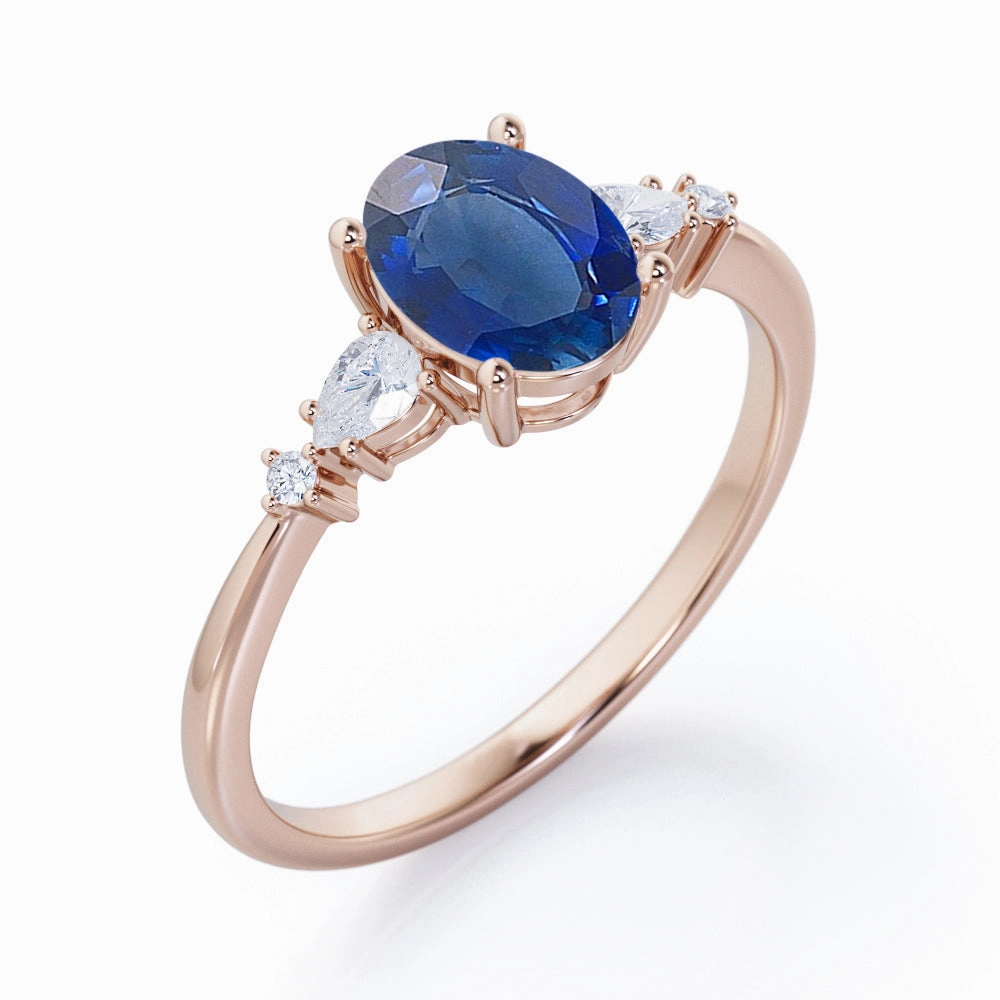 Five Stone 0.6 Ct Oval Cut Lab Sapphire Engagement Ring Handcrafted Adornment Simple Trinket