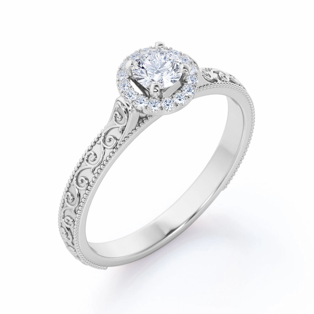 0.40 Carat Round Cut Diamond Antique Art Deco Engagement Ring In White Gold Luxury Simplicity
