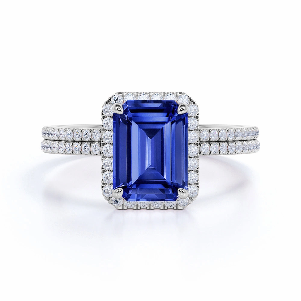 1.75 Ct Emerald Cut Lab Sapphire Halo Wedding Ring Set Couple Jewelry