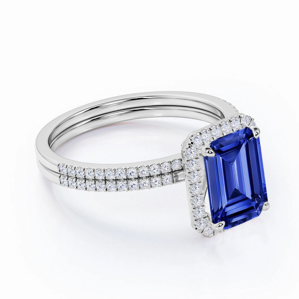 1.75 Ct Emerald Cut Lab Sapphire Halo Wedding Ring Set Celebration Gift Featured Item