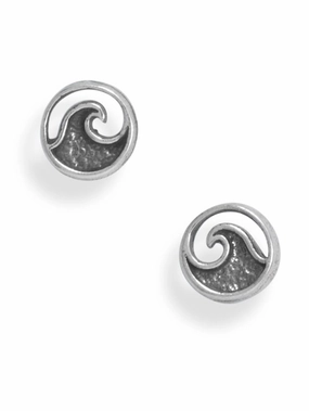 Wave Design Stud Earrings Antiqued Sterling Silver Classic Design Brilliant Option