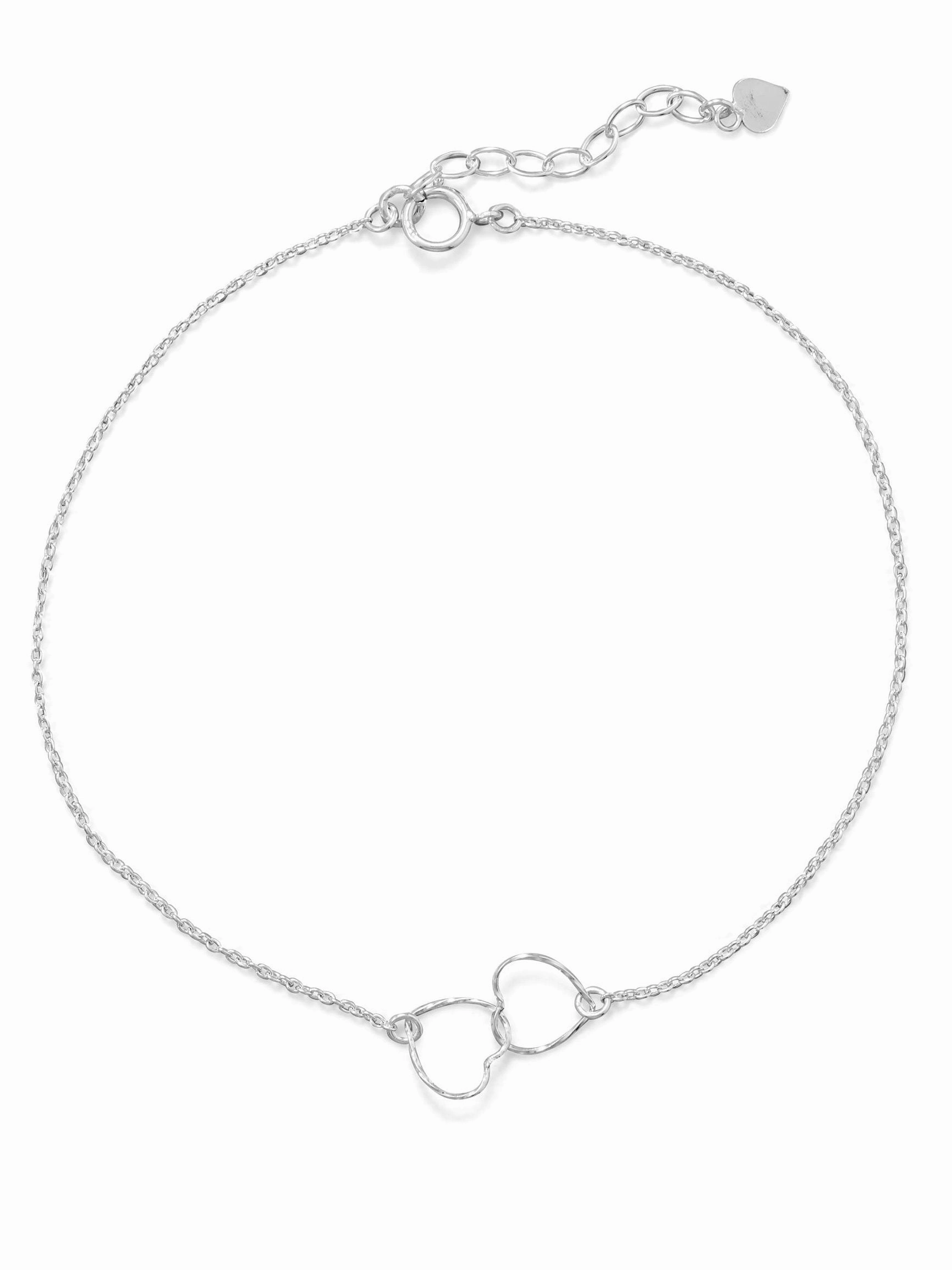 Coming Trend On-Trend Finish Double Heart Anklet Interlocking Ankle Bracelet Sterling Silver Adjustable