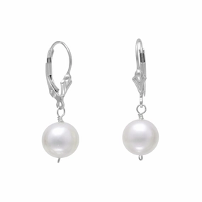 White 9mm Cultured Freshwater Pearl with Fleur-di-lis Lever Back Earrings Sterling Silver Geometric Item