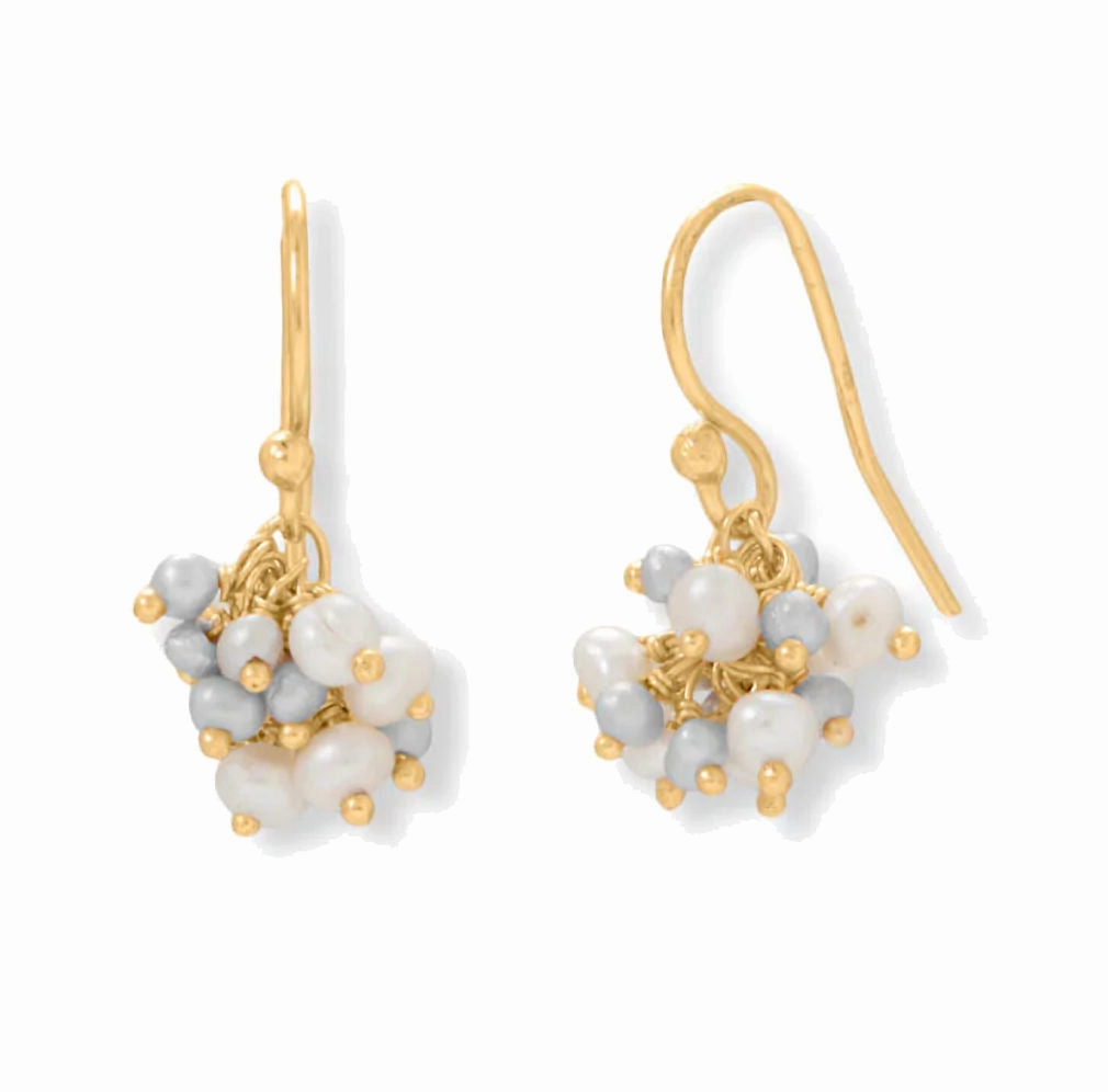 Business Ornament White and Gray Cultured Freshwater Pearl Cluster Earrings Gold-plated Silver