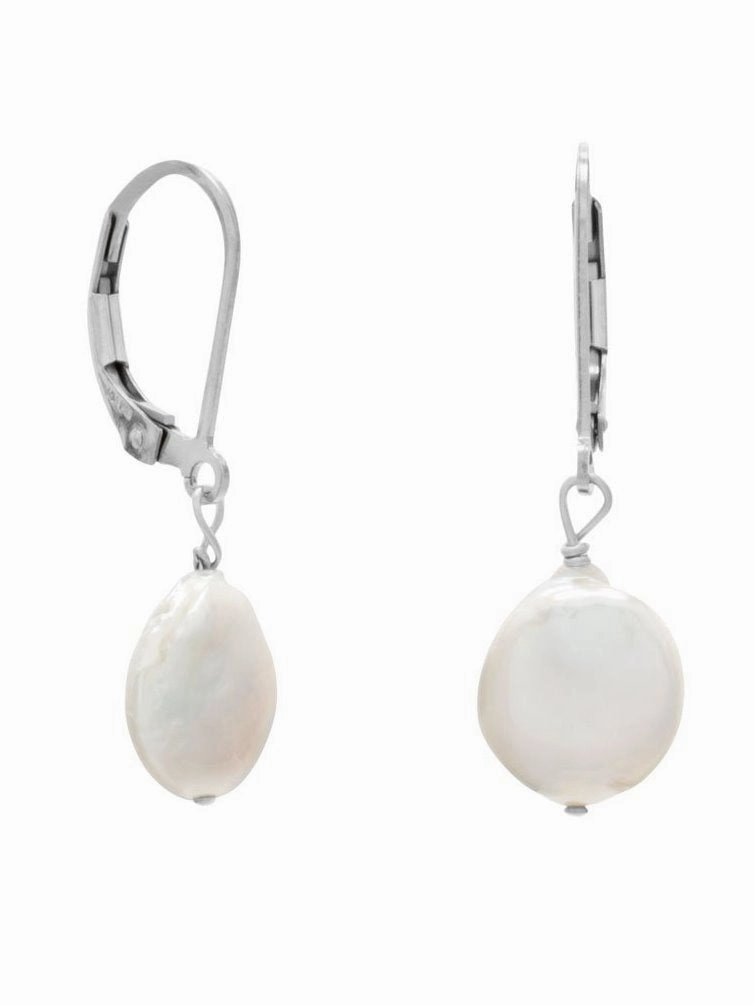 White Coin Cultured Freshwater Pearl Earrings Sterling Silver Leverback Attractive Adornment