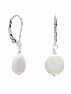 White Coin Cultured Freshwater Pearl Earrings Sterling Silver Leverback Attractive Adornment