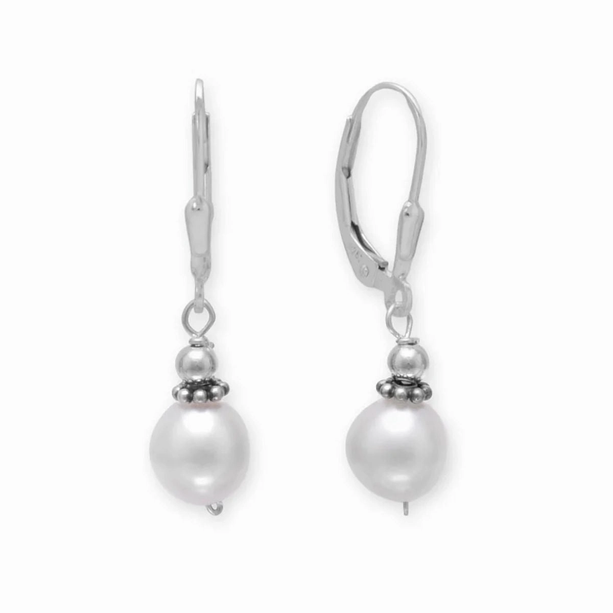 Petite Jewelry Polished Choice White Cultured Freshwater 8mm Pearl with Bali Bead Lever Earrings