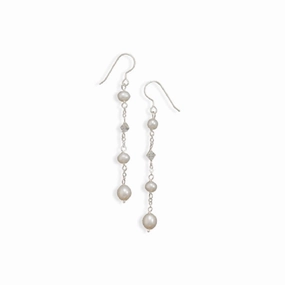 White Cultured Freshwater Pearl and Crystal Chain Earrings Sterling Silver Triangular Accent
