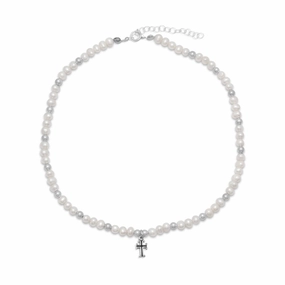 White Cultured Freshwater Pearl Necklace with Cross Sterling Silver Everyday Adornment