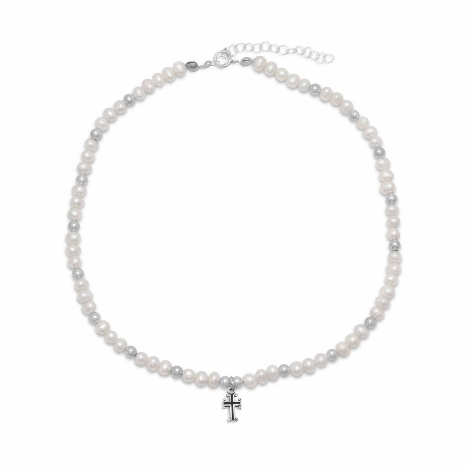 White Cultured Freshwater Pearl Necklace with Cross Sterling Silver Everyday Adornment