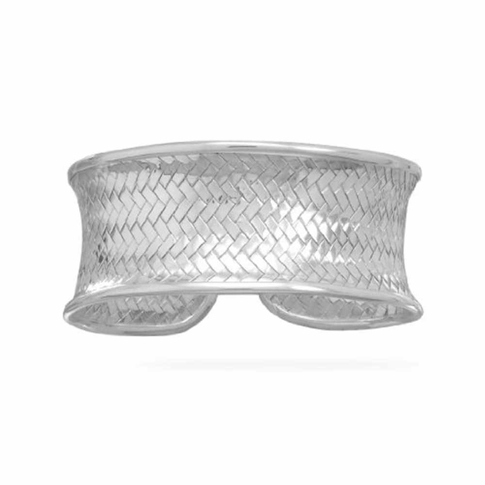 Historically Focused Up-To-The-Minute View Wide Cuff Bracelet with Weave Design Sterling Silver