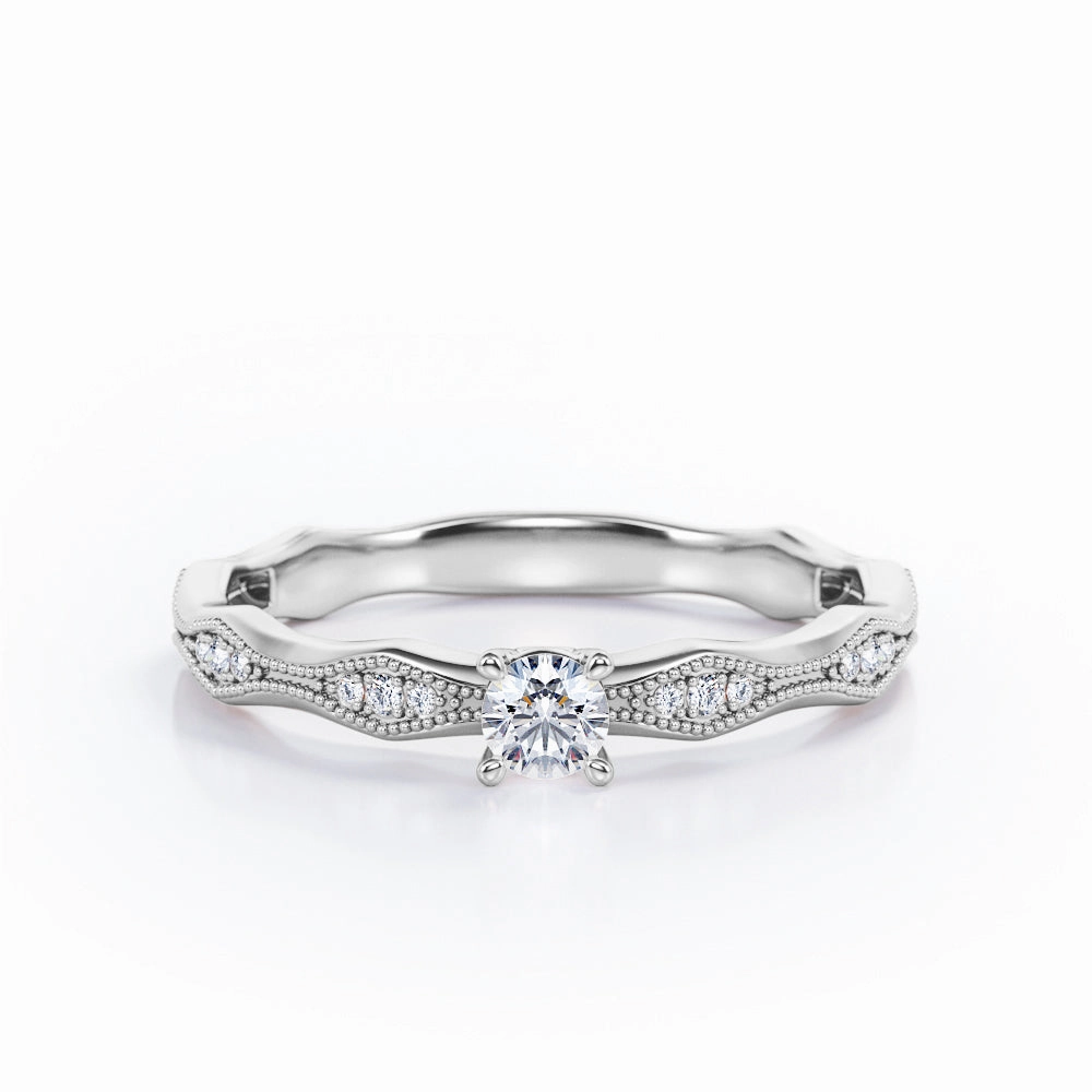 Elegant Vibe Superior Piece Wiggle Shank 0.35 TCW Round Shaped Diamond Milgrain Prong Engagement Ring in White Gold