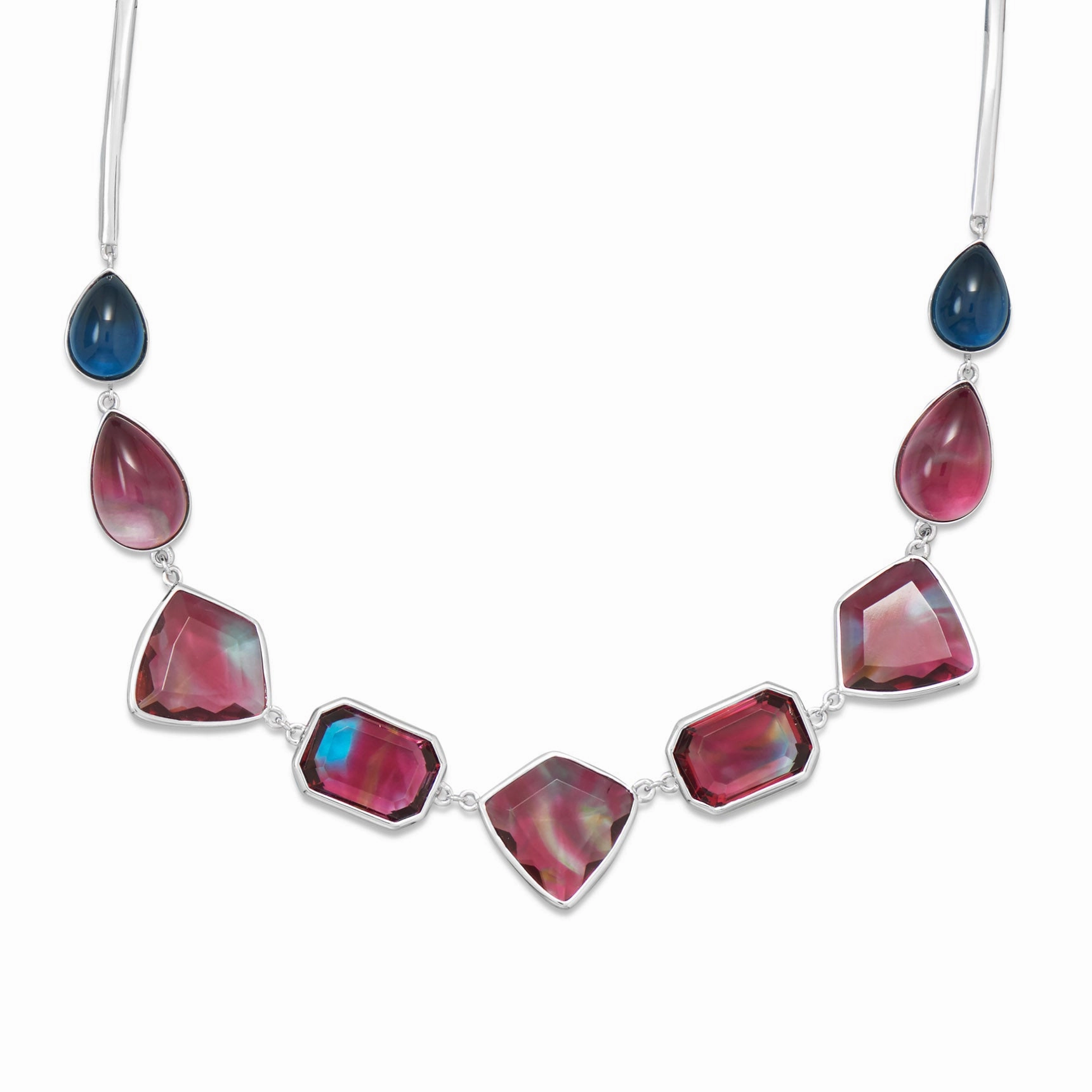 Wildfire Fashion Red and Blue Glass Stone Necklace Rhodium on Sterling Silver - Nontarnish Formal Accent Work Accent