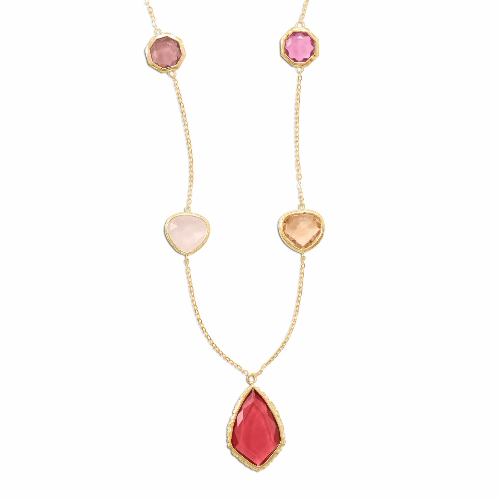Wildfire Fashion Shades of Red and Pink Glass Station Necklace Gold-Plated Sterling Silver Chic Detail