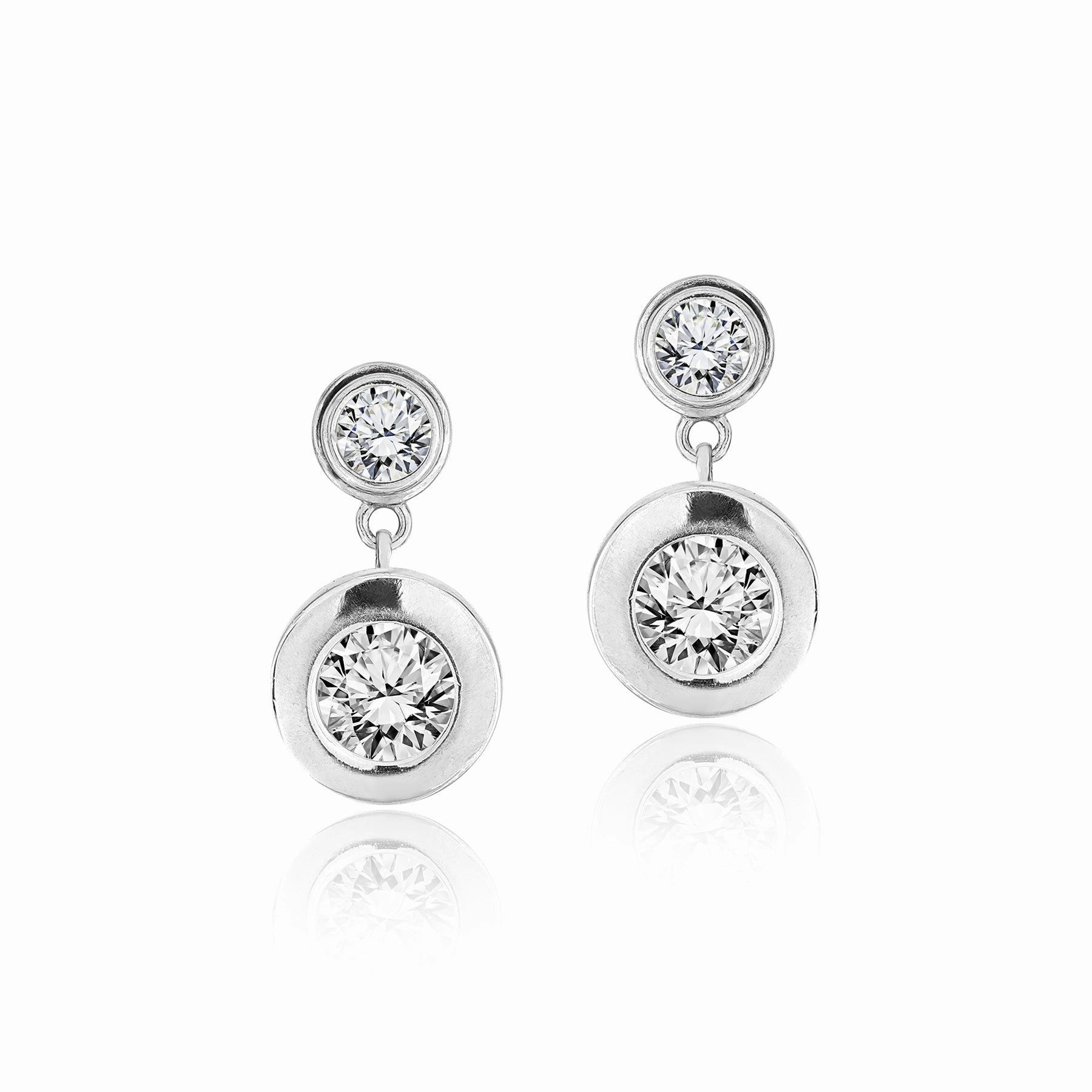 Safe Vibe Sparkling 2.5 Carat Double Round Cut Stone - Bezel Set - Women's Dangle Earrings in Silver