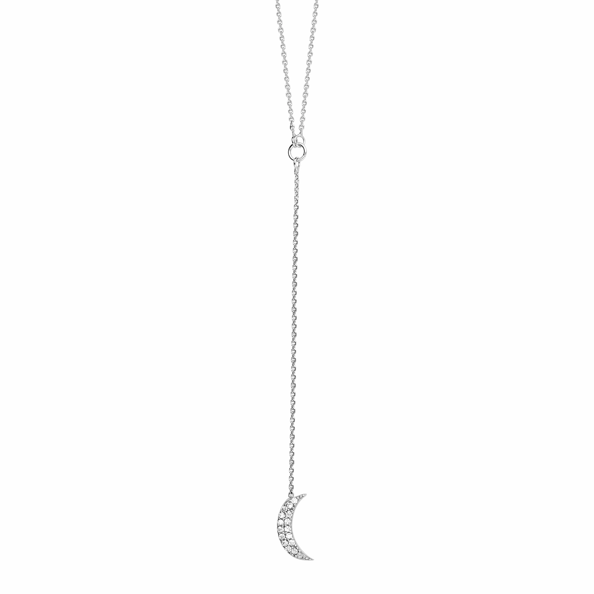 Versatile Look Y-style Crescent Moon Necklace with Cubic Zirconia Adjustable Length 14k White Gold