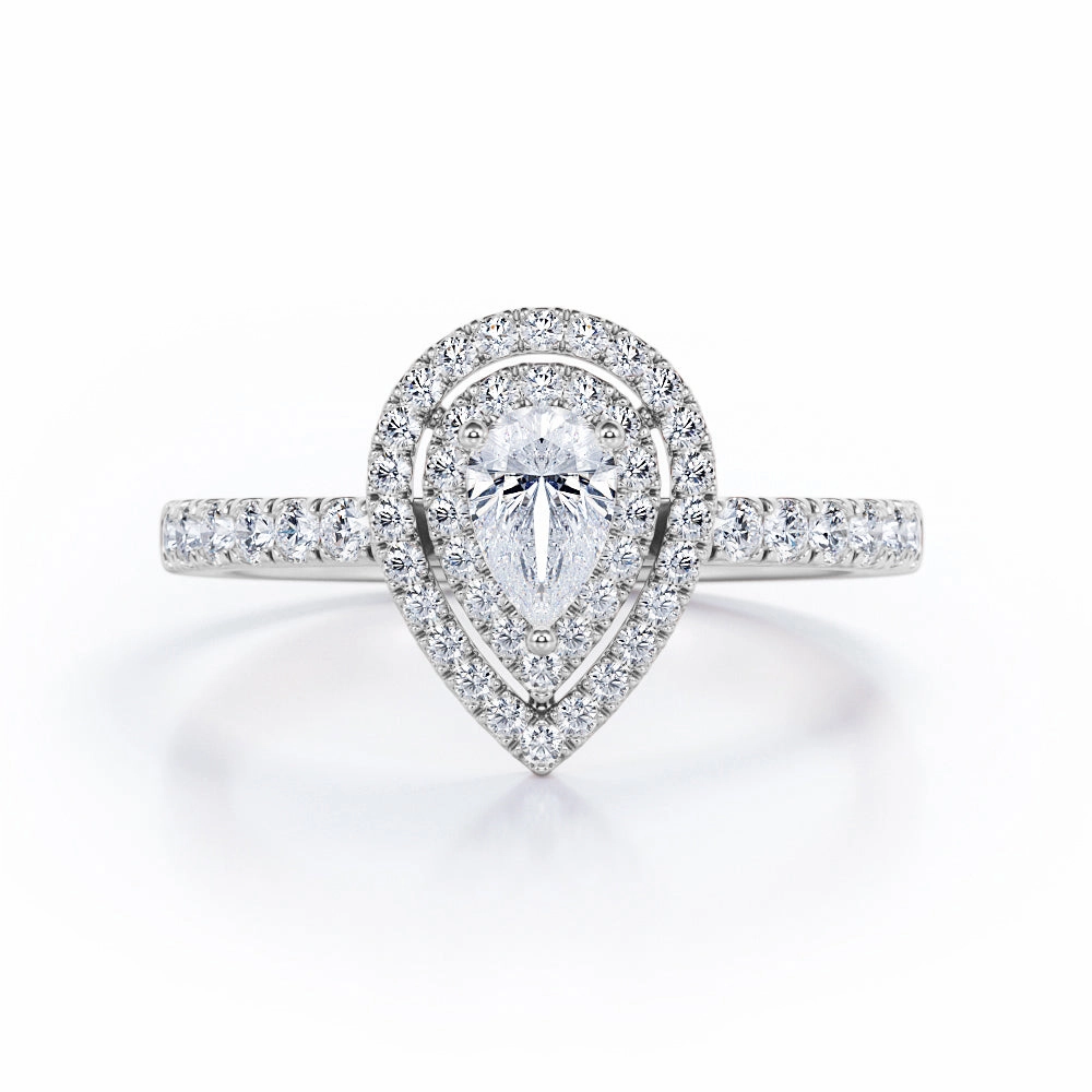 Double Teardrop Halo 0.5 TCW Pear Cut Diamond Scalloped Pave Engagement Ring in White Gold Convenient Design