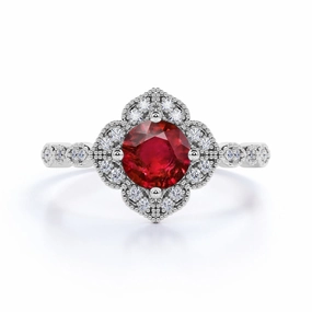 Value Statement Superior Design Flower 1.50 ct Round Lab-Created Ruby Vintage Engagement Ring