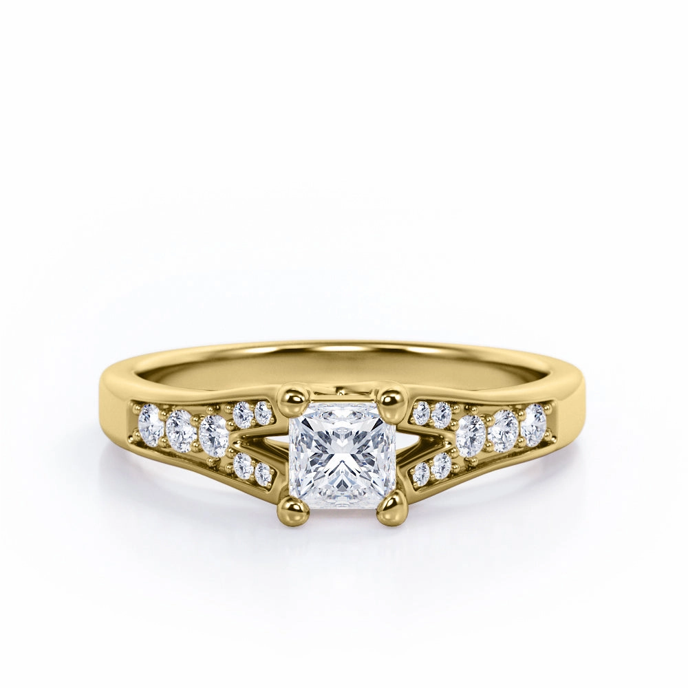 Y-Shaped Pave 0.40 TCW Princess Cut Diamond Crossover Prong Engagement Ring in 10K White Gold Personal Symbol Everyday Wear