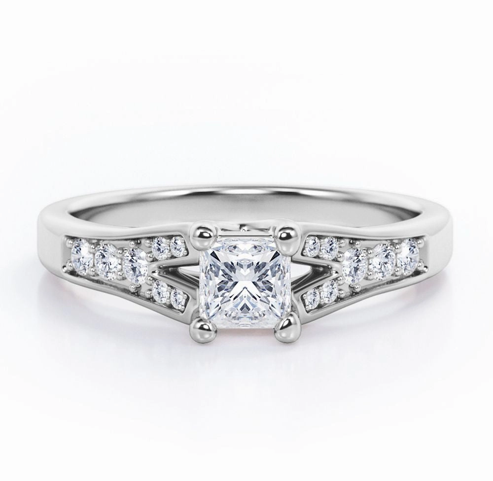 Y-Shaped Pave 0.40 TCW Princess Cut Diamond Crossover Prong Engagement Ring in 10K White Gold Fashionable Expression