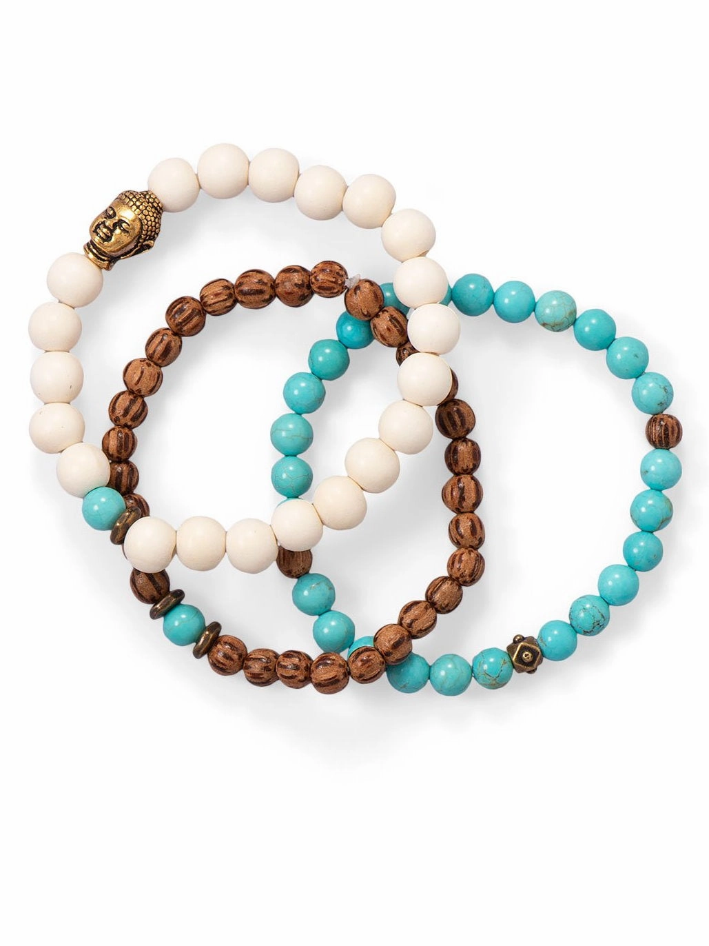 Curved Silhouettes Stretch Bracelet Set of 3 White Wood and Magnesite Beads with Buddha Charm