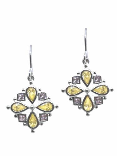 Unique Feature Yellow and Lilac Cubic Zirconia Flower Design Earrings Sterling Silver