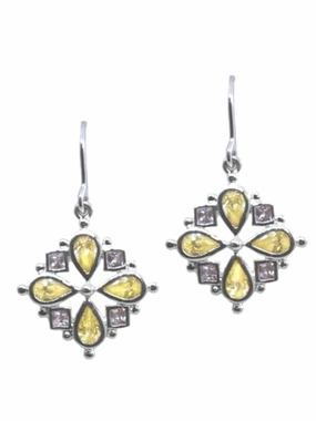 Unique Feature Yellow and Lilac Cubic Zirconia Flower Design Earrings Sterling Silver