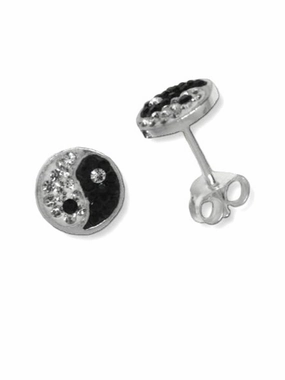 Yin Yang Post Stud Earrings with Pave Crystals Sterling Silver 8mm Diameter Lightweight Item